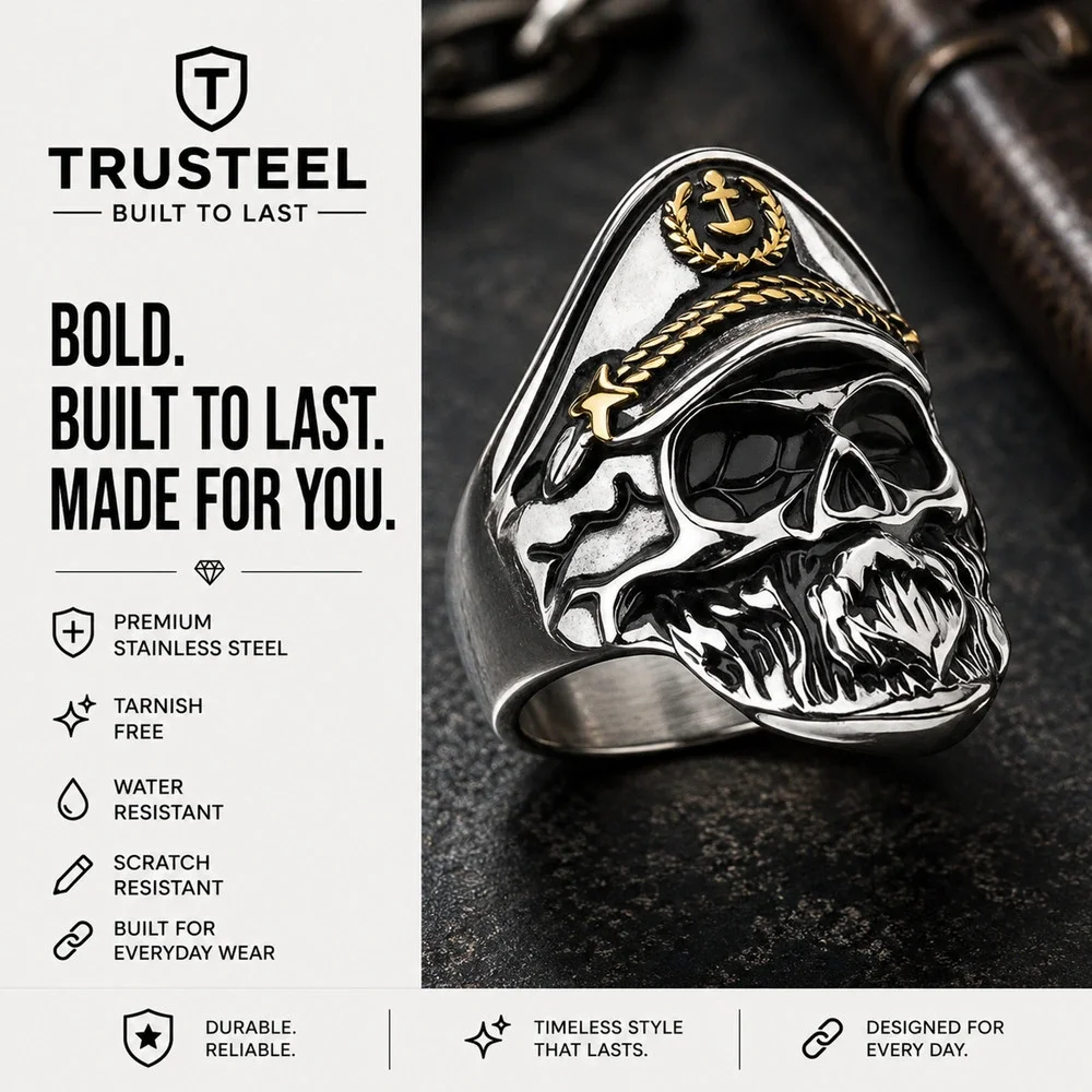 Men’s 316L Stainless Steel biker Captain skull hypoallergenic Ring Size 9